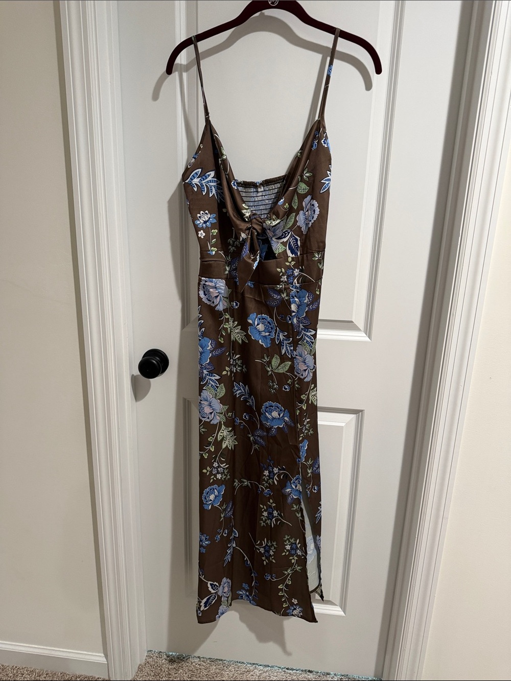 Brown Floral Slip Dress with Blue Blooms
